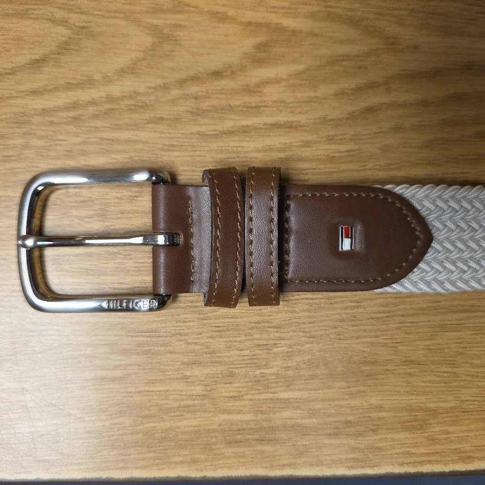 Tommy Hilfiger Mens White Woven Stretch Belt Leather Trim Size Large (38 To 40)